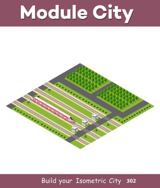 İzometrik demiryolu taşımacılığı ormandaki bir parça bir lokomotif ve yük hızlı tren ile seyahat için. Vektör çizim,