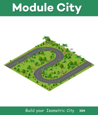 İzometrik doğal orman manzara, bir yol, sahne tasarımı 3D ağaçları ile vektör çizim. Sokak şehir ve kasaba altyapı yeşil eleman.