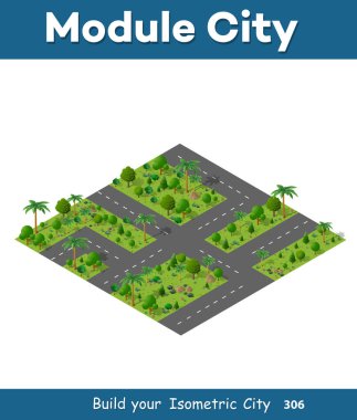 İzometrik yolun orman 3d manzara doğa ile yeşil öğe ağacı şehir park harita sokağın ortasında. Vektör açık yaz illüstrasyon seyahat tasarımı için.