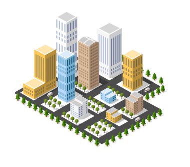 Vektör izometrik kentsel mimari yapı Caddesi, gökdelen ve şehir, ev ile modern şehir. İş illüstrasyon ve inşaat harita şekli arka planı için