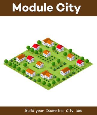 İzometrik vektör doğa kırsal çizim 3d tarım bina ev ve ahır, yeşil alan ile köy ahır ve çiftlik kırsal.