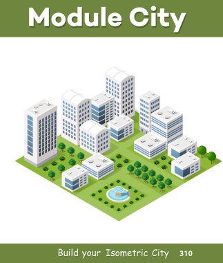 Vektör izometrik kentsel mimari yapı Caddesi, gökdelen ve şehir, ev ile modern şehir. İş illüstrasyon ve inşaat harita şekli arka planı için