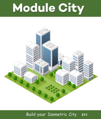 Vektör izometrik kentsel mimari yapı Caddesi, gökdelen ve şehir, ev ile modern şehir. İş illüstrasyon ve inşaat harita şekli arka planı için