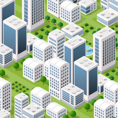 Vektör izometrik kentsel mimari yapı Caddesi, gökdelen ve şehir, ev ile modern şehir. İş illüstrasyon ve inşaat harita şekli arka planı için