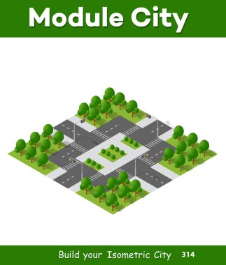 İzometrik yolun orman 3d manzara doğa ile yeşil öğe ağacı şehir park harita sokağın ortasında. Vektör açık yaz illüstrasyon seyahat tasarımı için.