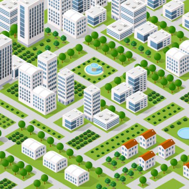 Vektör izometrik kentsel mimari yapı Caddesi, gökdelen ve şehir, ev ile modern şehir. İş illüstrasyon ve inşaat harita şekli arka planı için