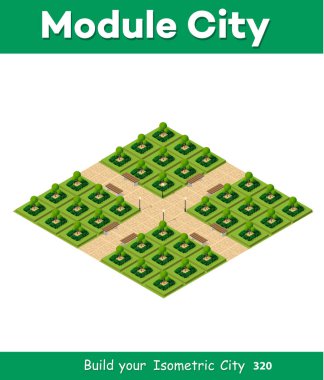 Isometric 3d park ile yeşil bir ağaç ile yaz doğa orman manzarası, izole nesnelerin açık düz şehir caddesi. Tasarım ve konsept sahnesi için vektör illüstrasyonu.