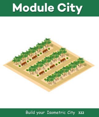 İzometrik 3d park yeşil palmiye ağacı, tezgah yaz Doğa Orman Peyzaj açık düz şehir sokak izole nesneleri ile. Vektör çizim doğal elemanları tasarımı ve kavram sahne için.