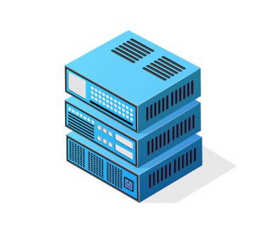 İzometrik 3d bilgisayar kripto sunucu ağ Internet veri için. Teknoloji blockchain dijital madenciliği iş çiftlik web para bitcoin kavramı için vektör çizim.