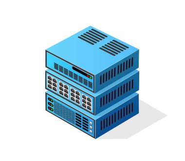 İzometrik 3d bilgisayar kripto sunucu ağ Internet veri için. Teknoloji blockchain dijital madenciliği iş çiftlik web para bitcoin kavramı için vektör çizim.