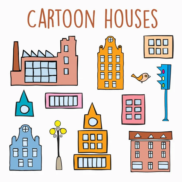 Cartoon House Skizze Zeichnung Von Kindern Flachen Stil Gesetzt — Stockvektor