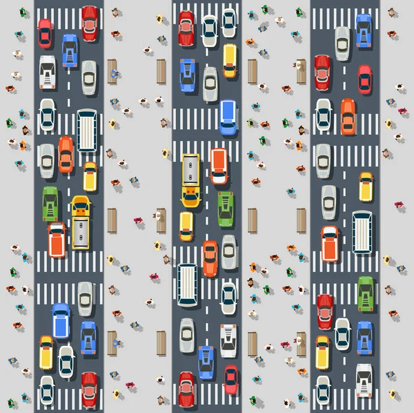 从上面观看城市街道高速公路与汽车和公共汽车 树和卡车 — 图库矢量图片
