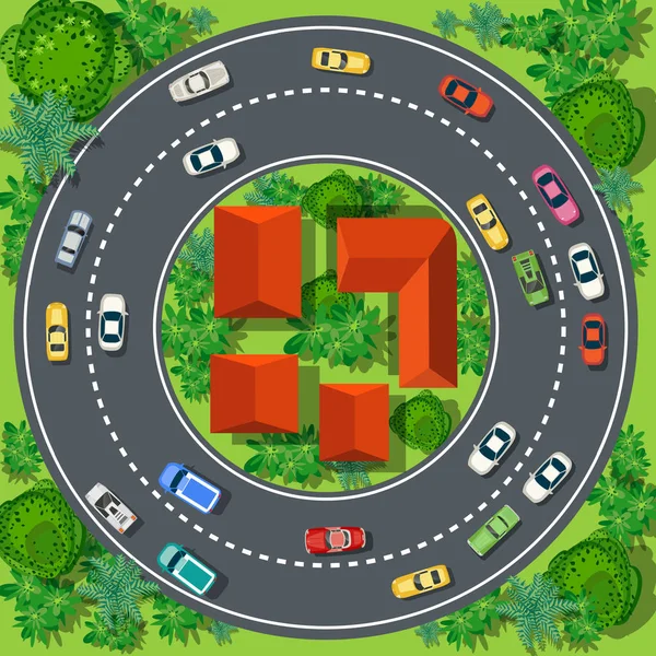 Top View City Street Speed Highway Cars Buses Trees Trucks — Stock Vector