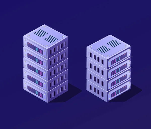 等距3D Blockchain 数据中心的计算机对象 Cryptocurrency 服务器主机 云存储位置 紫罗兰色向量例证 — 图库矢量图片