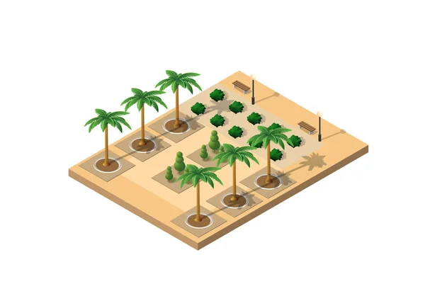 Izometrické Palmový Park Stromy Trojrozměrné Město — Stockový vektor