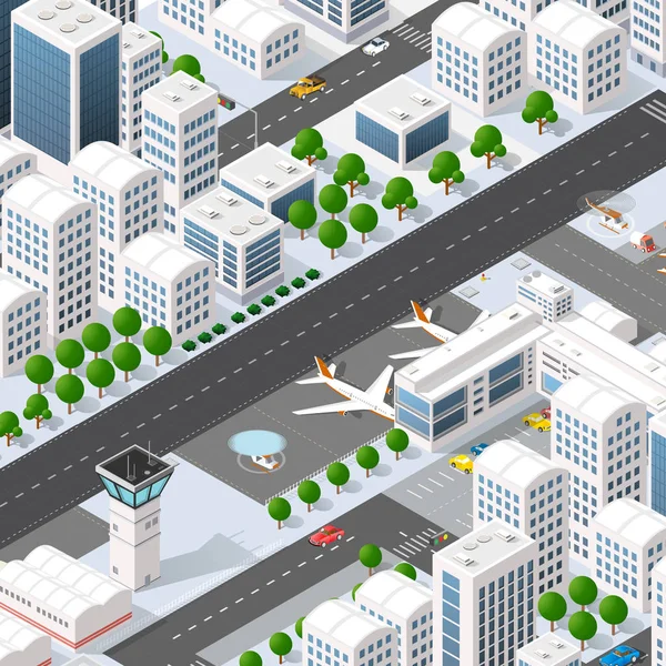 Isometrische Stadt Megapolis Struktur Stadtlandschaft Draufsicht Mit Straßen Häusern Bäumen — Stockvektor