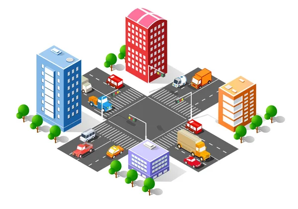 Ciudad Isométrica Intersección Atasco Tráfico Calles Con Carreteras Coches Árboles — Archivo Imágenes Vectoriales