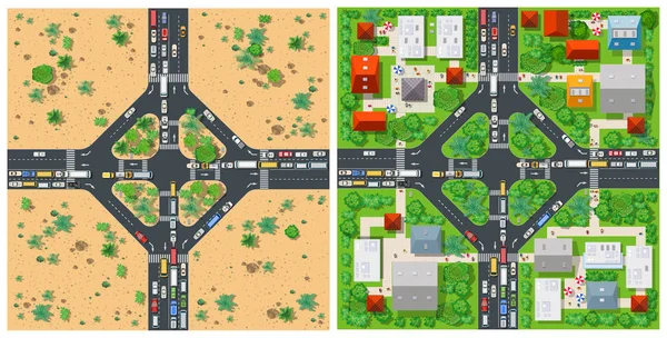 ジャンクション交通車で街には 道路の平面図輸送 アスファルトの道路を持つ方法マップの輸送ベクトル イラスト — ストックベクタ