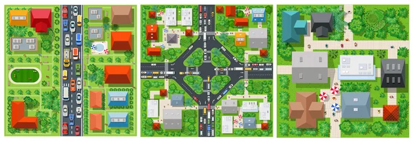 Bovenaanzicht Vervoer Van Weg Straat Met Junction Verkeer Auto Stad — Stockvector