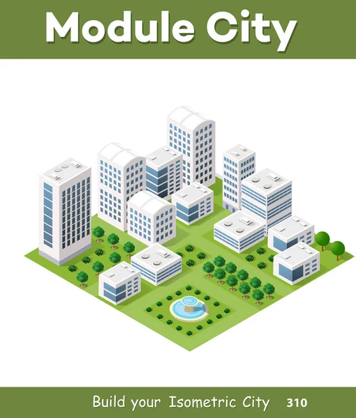 Vektör izometrik kentsel mimari yapı Caddesi, gökdelen ve şehir, ev ile modern şehir. İş illüstrasyon ve inşaat harita şekli arka planı için