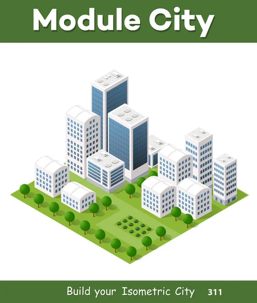 Vektör izometrik kentsel mimari yapı Caddesi, gökdelen ve şehir, ev ile modern şehir. İş illüstrasyon ve inşaat harita şekli arka planı için