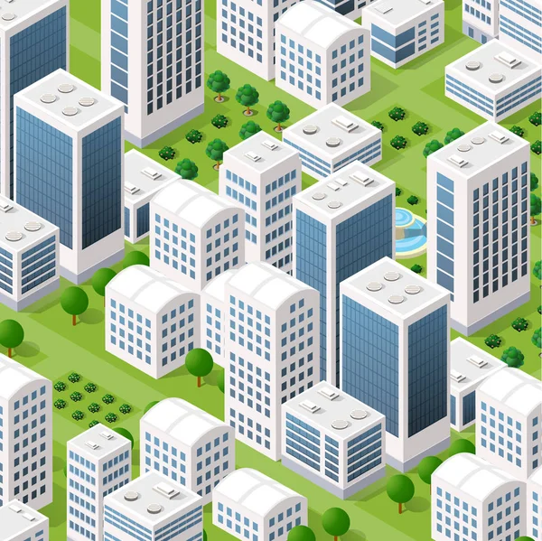 Vektör izometrik kentsel mimari yapı Caddesi, gökdelen ve şehir, ev ile modern şehir. İş illüstrasyon ve inşaat harita şekli arka planı için