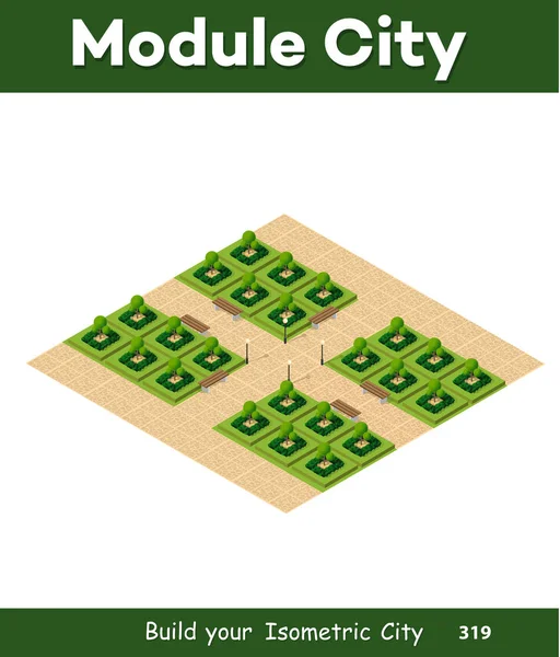 Isometric 3d park ile yeşil bir ağaç ile yaz doğa orman manzarası, izole nesnelerin açık düz şehir caddesi. Tasarım ve konsept sahnesi için vektör illüstrasyonu.