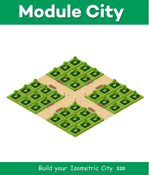 Isometric 3d park ile yeşil bir ağaç ile yaz doğa orman manzarası, izole nesnelerin açık düz şehir caddesi. Tasarım ve konsept sahnesi için vektör illüstrasyonu.