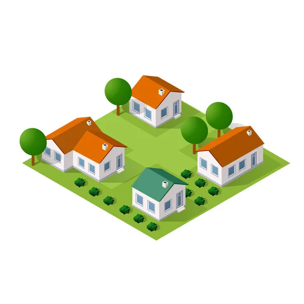 Isometric ville avec des maisons et des rues avec des arbres — Image vectorielle