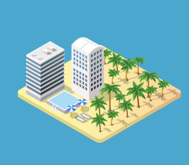 Bir plaj ile Isometric 3d otel