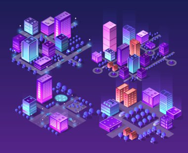 Isometric neon şehir seti menekşe rengi 3D modern kasaba caddesini inşa ediyor, şehir yol mimarisi. İş tasarımı konsepti için izometrinin ultraviyole çizim haritası.