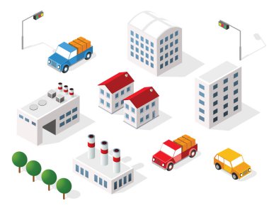 Gökdelenleri, evleri, caddeleri, fabrikaları, binaları olan Isometric seti.