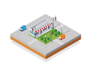 Gökdelenlerin, evlerin, bahçelerin ve sokakların üç boyutlu izometrik manzaralı büyük 3D metropolü.