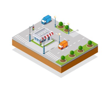 Gökdelenlerin, evlerin, bahçelerin ve sokakların üç boyutlu izometrik manzaralı büyük 3D metropolü.