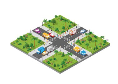 Caddelerin kesiştiği Isometric kavşağı 3 boyutlu otoyol illüstrasyonları