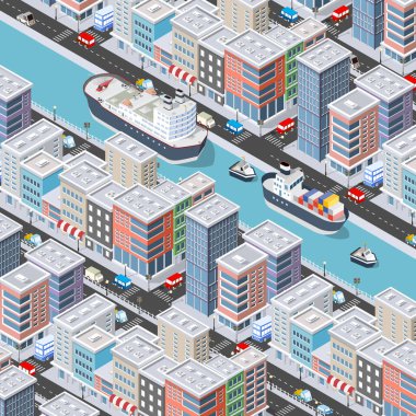 Isometric şehir bloğu ve nehir kıyısında evler, sokaklar ve ağaçlardan oluşan bir set. Vektör stok illüstrasyonu