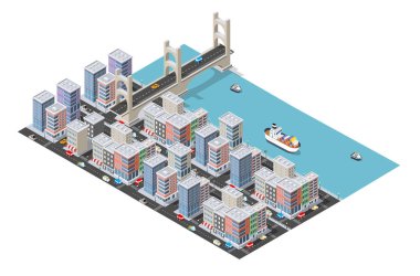 Lojistik Taşımacılığı 3D Isometric City kavramsal illüstrasyonda bilgi sanayi altyapısının şablonunu çizdi