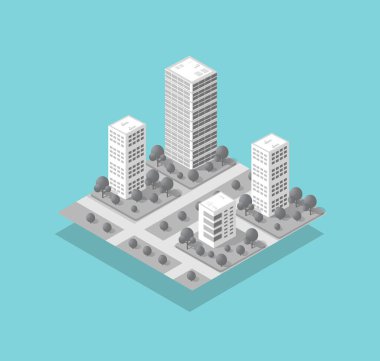 Kentsel yapı vektör mimarisinden gökdelen ile izometrik 3D şehir. Tasarım ve iş şekli arkaplanı için modern beyaz illüstrasyon