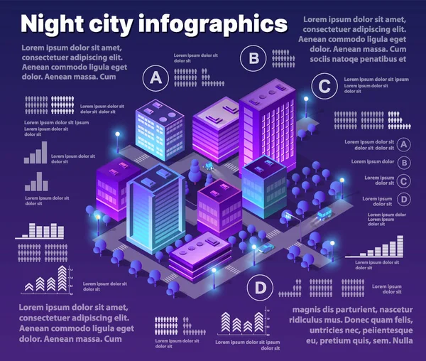 Isometrische Neon Stad Infographics Van Violette Kleuren Gebouw Moderne Stad — Stockvector