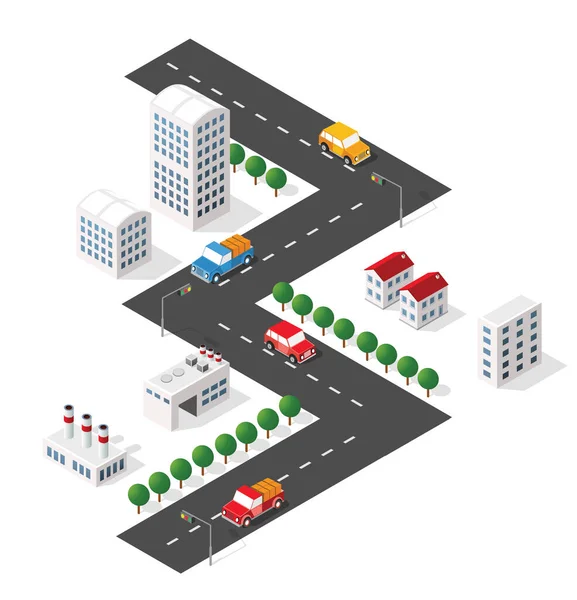 交通車 都市とアスファルト 道路を横断フラット公共の町の立体イラスト — ストックベクタ