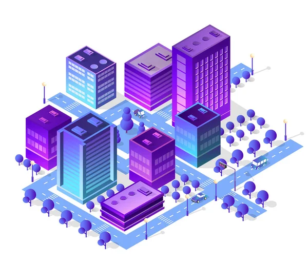 近代的な町の通り 都市道路の建築物を構築する紫色の色のアイソメトリックシティセット ビジネスデザインコンセプトのためのアイソメトリーの紫外線イラストマップ — ストックベクタ