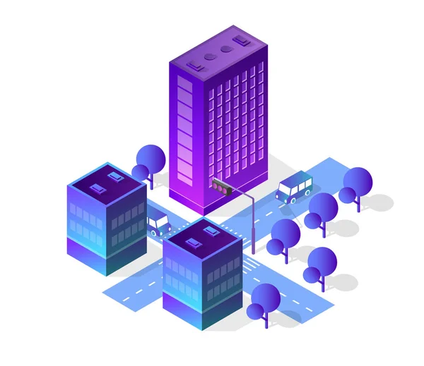近代的な町の通り 都市道路の建築物を構築する紫色の色のアイソメトリックシティセット ビジネスデザインコンセプトのためのアイソメトリーの紫外線イラストマップ — ストックベクタ
