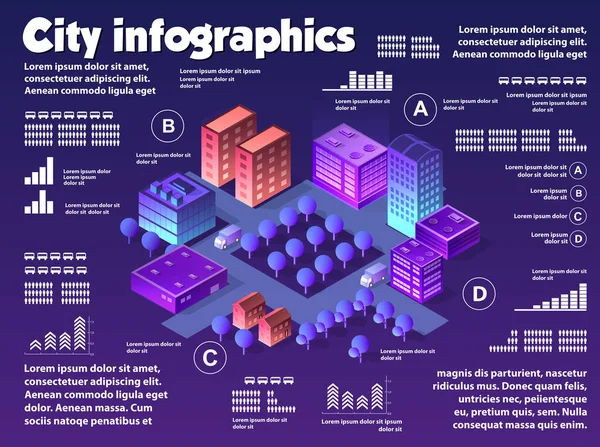 Izometryczna Neonowa Infografika Miasta Fioletowe Kolory Budynku Nowoczesnej Ulicy Miejskiej — Wektor stockowy