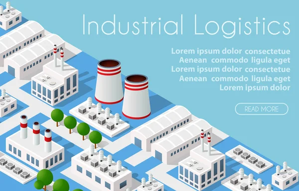 Logistica Industriale Isometrica Città Illustrata Modello Infografico Infrastruttura Industriale Illustrazione — Vettoriale Stock