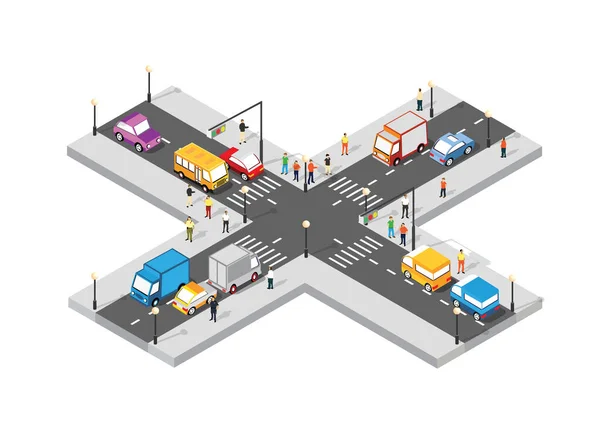 Isometric Crossroads Intersection Streets People Cars Highways Illustration — Stock Vector