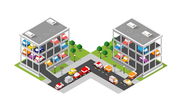 交通城市多层停车场停车场停车场停放供在市区交通条件和路上交通堵塞时使用 — 图库矢量图片