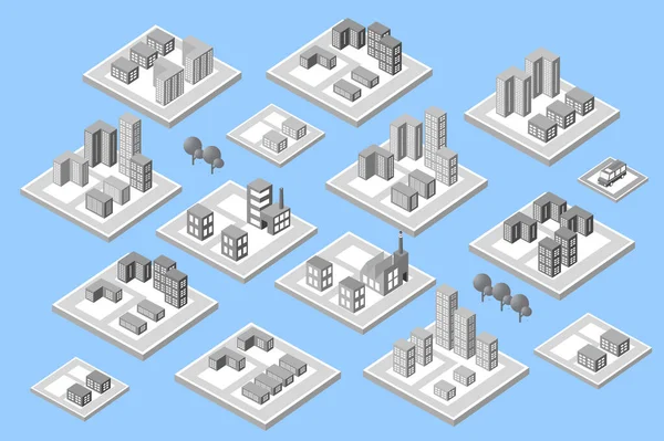 Isometrisk Uppsättning Stad Med Skyskrapor Med Hus Gator Och Byggnader — Stock vektor