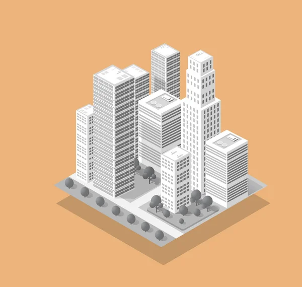 Den Isometriska Staden Med Skyskrapa Från Stadsbyggnadens Vektorarkitektur Modern Vit — Stock vektor