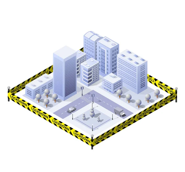 封鎖された閉鎖都市は隔離されたウイルスの流行の危険の動きから禁止されている ストック3Dイラストベクトルデザイン — ストックベクタ