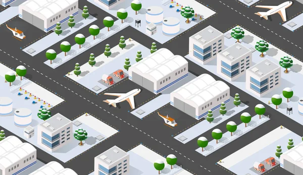 无缝隙图案3D城市机场 配备运输机和跑道 — 图库矢量图片